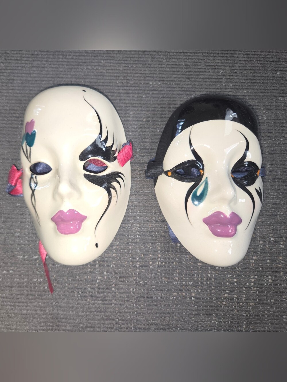 Decorative Ceramic Face Mask Pair with Pink Accent Makeup Design